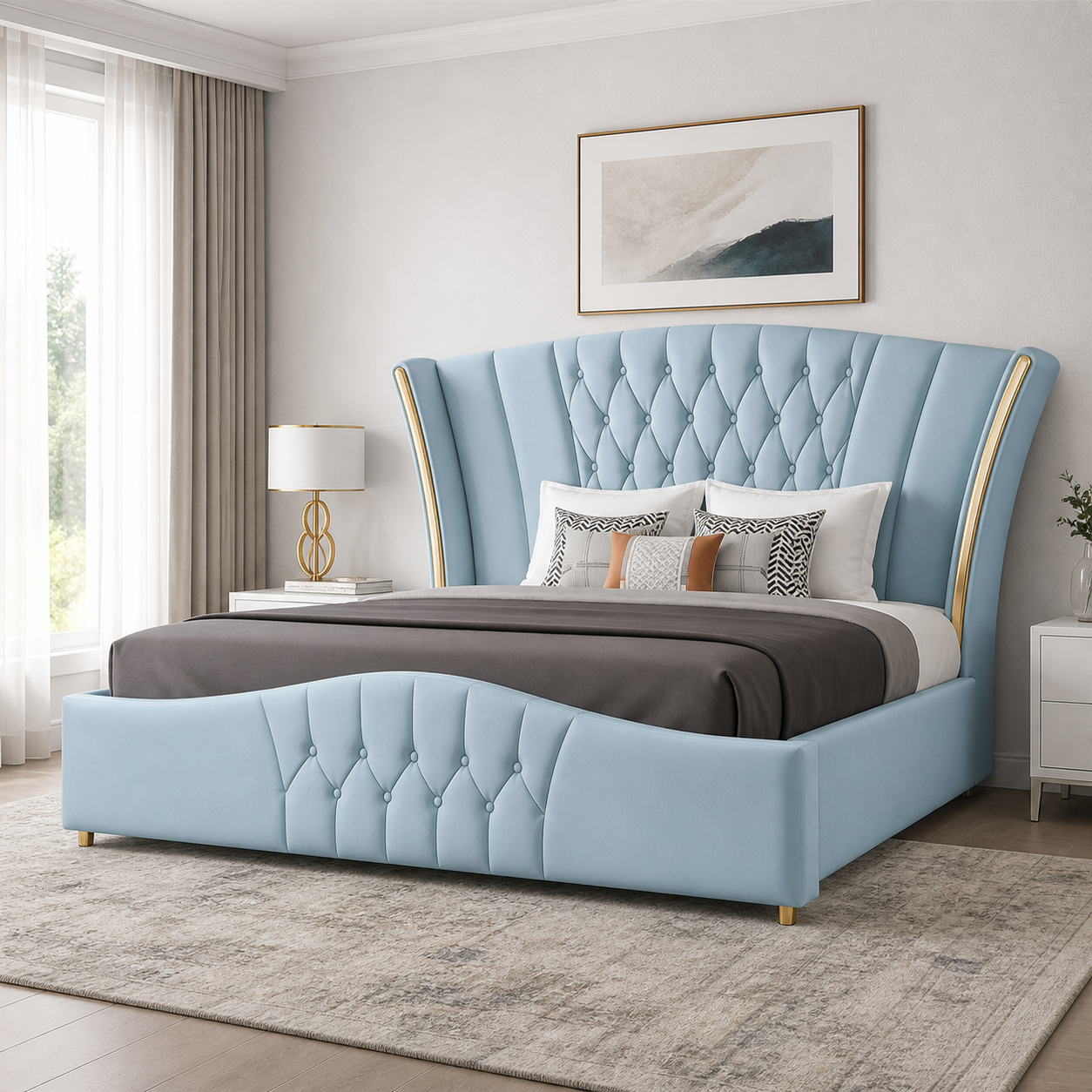 Vale - Bed, complete front three-quarter bed view in a restrained bedroom