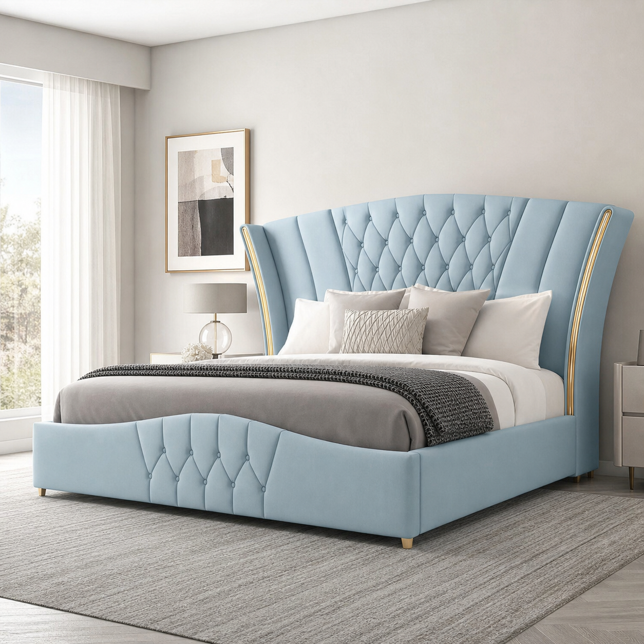 Vale - Bed, closer made-bed view showing the complete frame construction