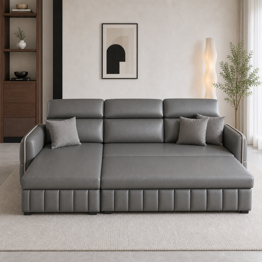 Valen - Sofa bed, front view verifying the fully open footprint