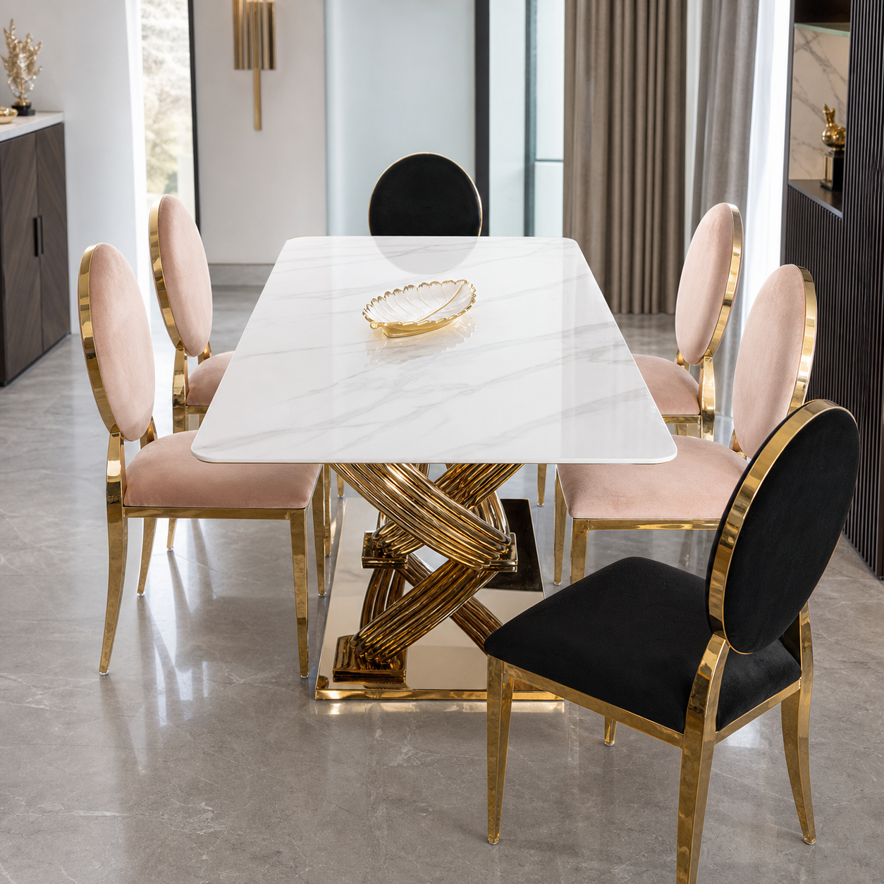 Vera - Dining Table Marble Top, clearly different end-on dining-room view