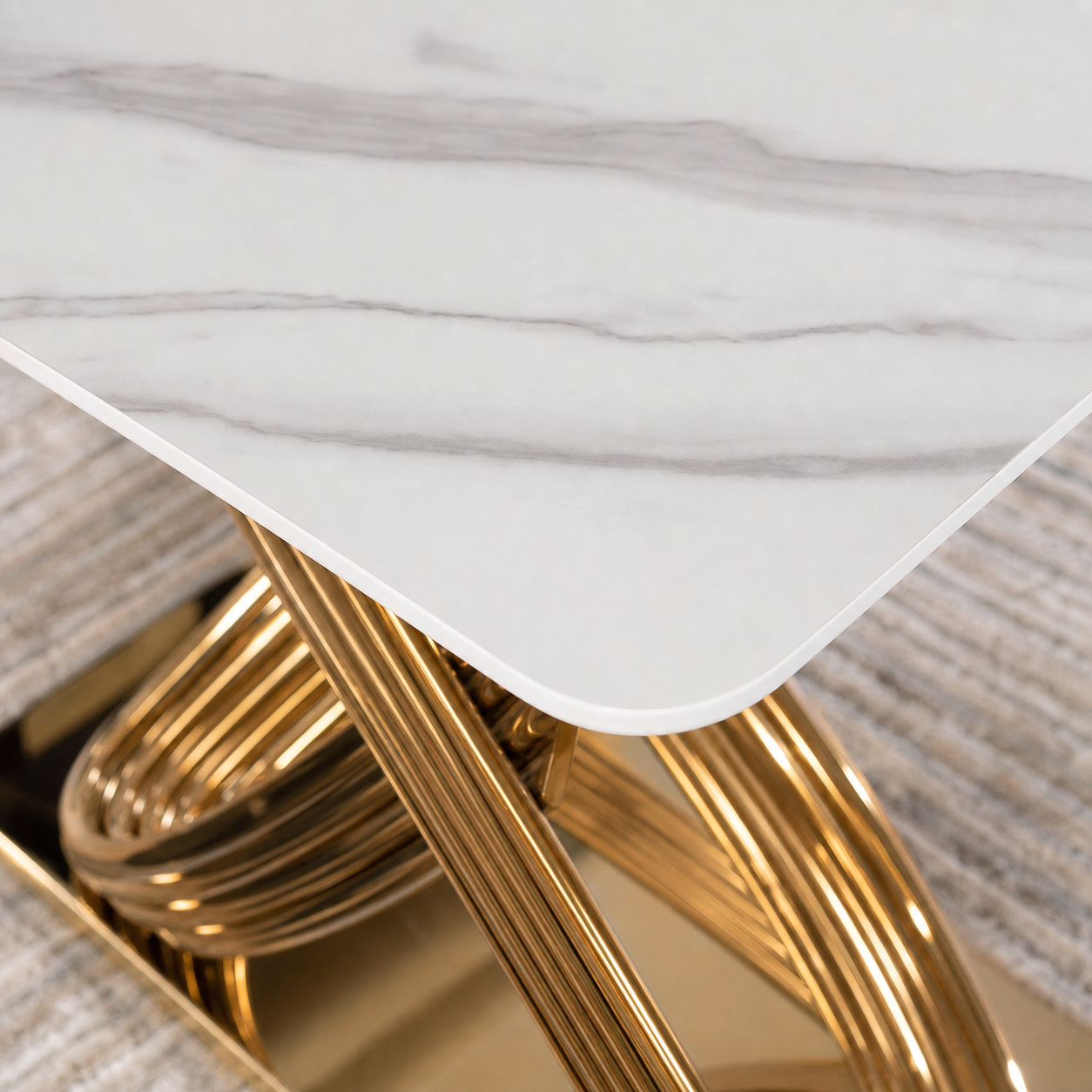 Vera - Dining Table Marble Top, close tabletop and construction detail