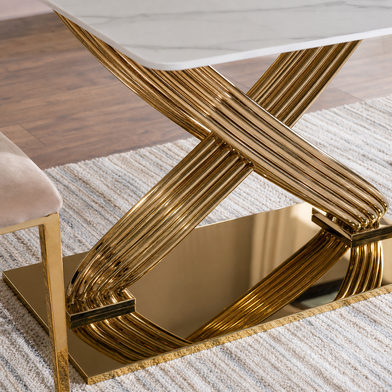 Vera - Dining Table Marble Top, close chair, seating, or base construction detail