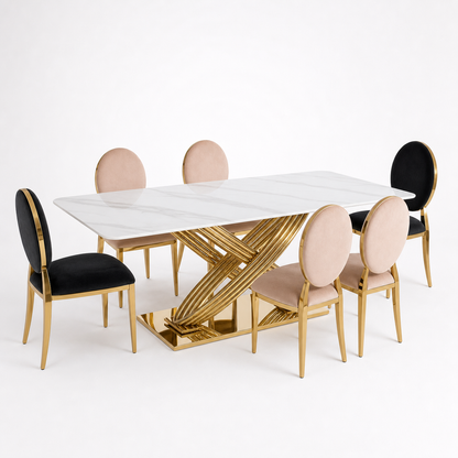 Vera - Dining Table Marble Top, complete set front three-quarter studio view