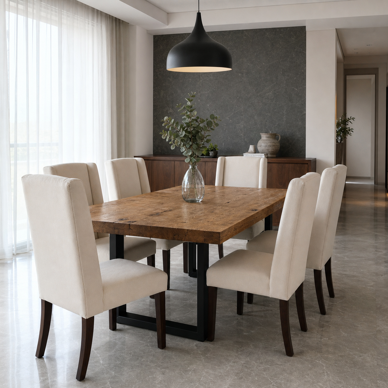 Lyra - Wooden Top Dining Table, complete front three-quarter dining view in a contemporary room
