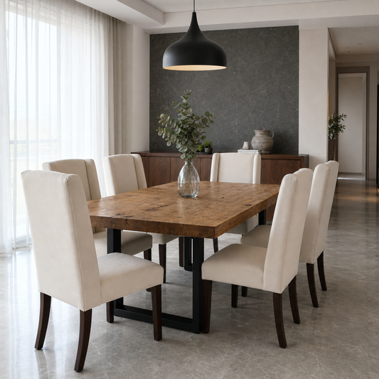 Lyra - Wooden Top Dining Table, complete front three-quarter dining view in a contemporary room