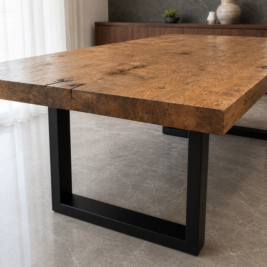 Lyra - Wooden Top Dining Table, close tabletop and construction detail