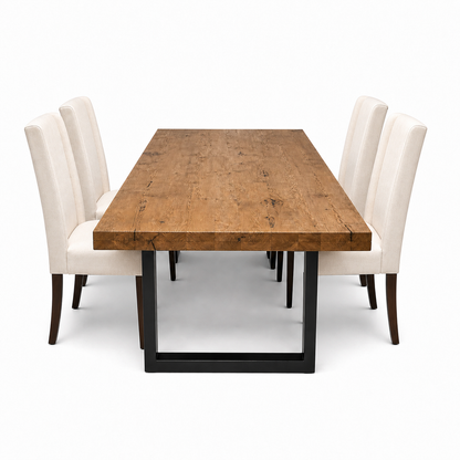 Lyra - Wooden Top Dining Table, complete set front three-quarter studio view
