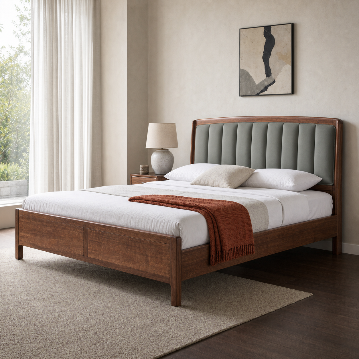 Vesta - Bed, closer made-bed view showing the complete frame construction