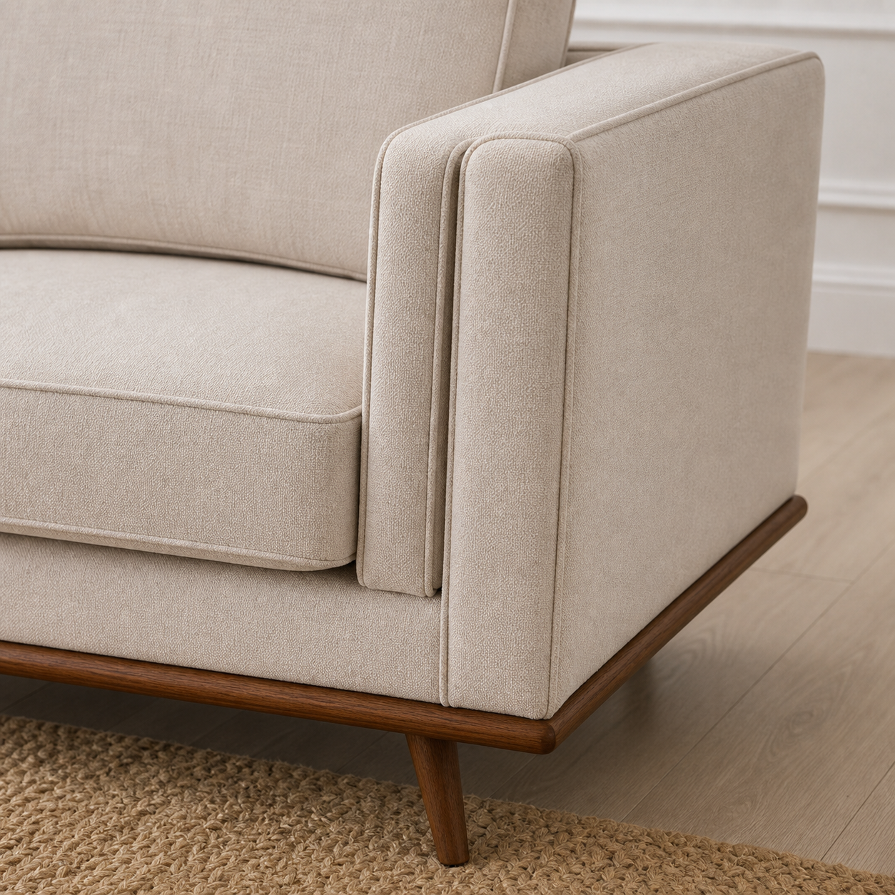 Detail view of Vivid - 3+2+1 Sofa Set upholstery, seams, base, and legs