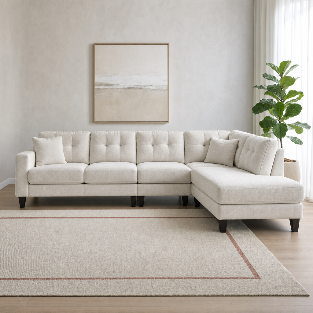 Vivid - L shape sectional sofa in ivory-cream chenille, front view in a modern living room