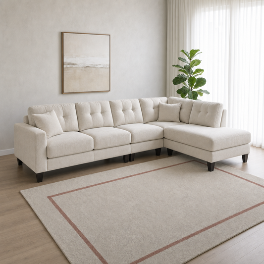 Vivid - L shape sectional sofa, three-quarter view showing the chaise and depth