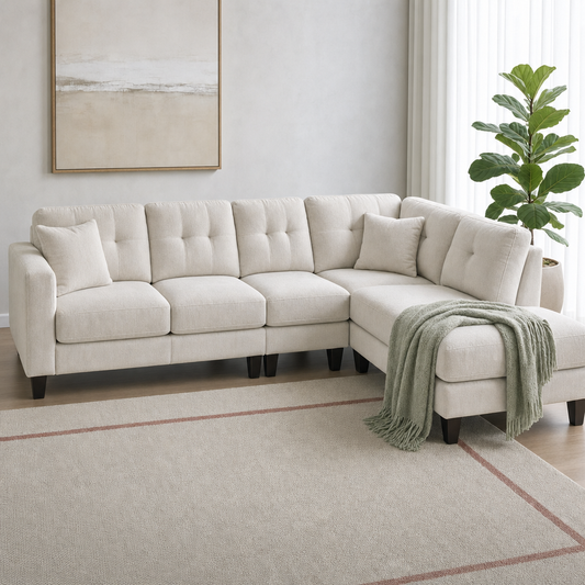 Vivid - L shape sectional sofa styled with a sage-green throw