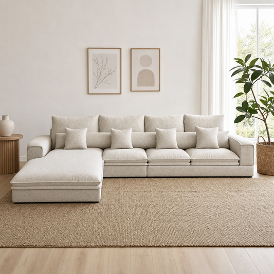 Wave - L shape sectional sofa in oatmeal-beige linen, front view in a modern living room