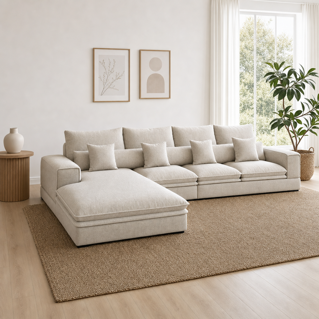 Wave - L shape sectional sofa, three-quarter view showing the chaise and depth