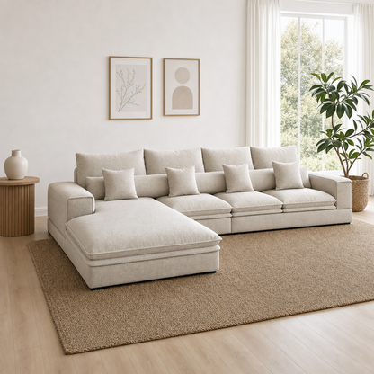 Wave - L shape sectional sofa, three-quarter view showing the chaise and depth