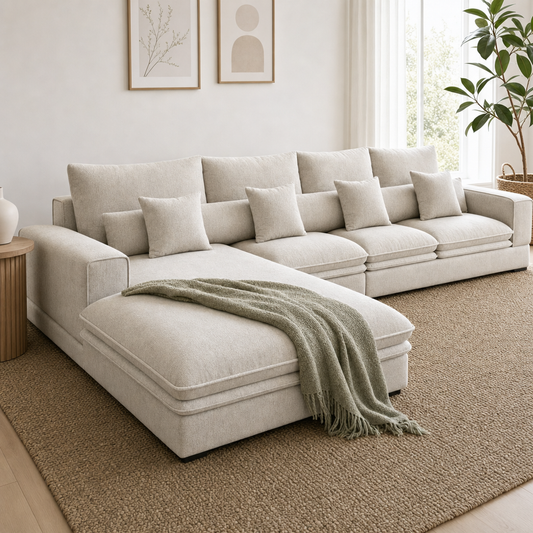 Wave - L shape sectional sofa styled with a sage-green throw
