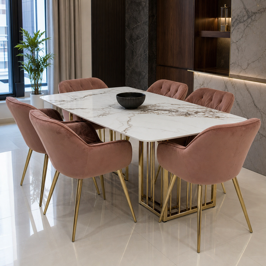 Willa - Dining Table Marble Top, complete front three-quarter dining view in a contemporary room