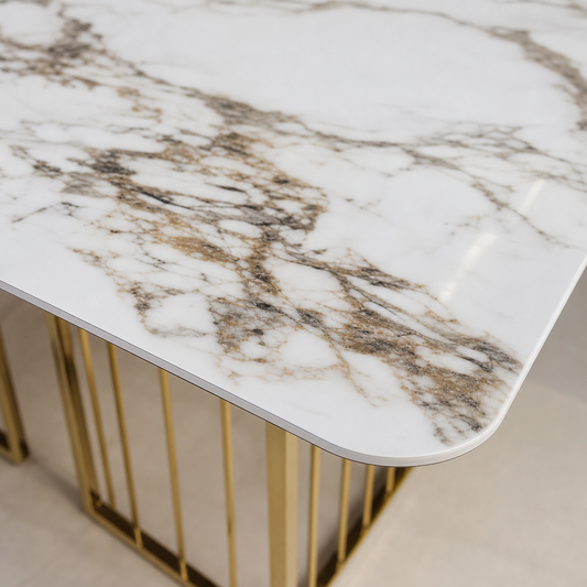 Willa - Dining Table Marble Top, close tabletop and construction detail