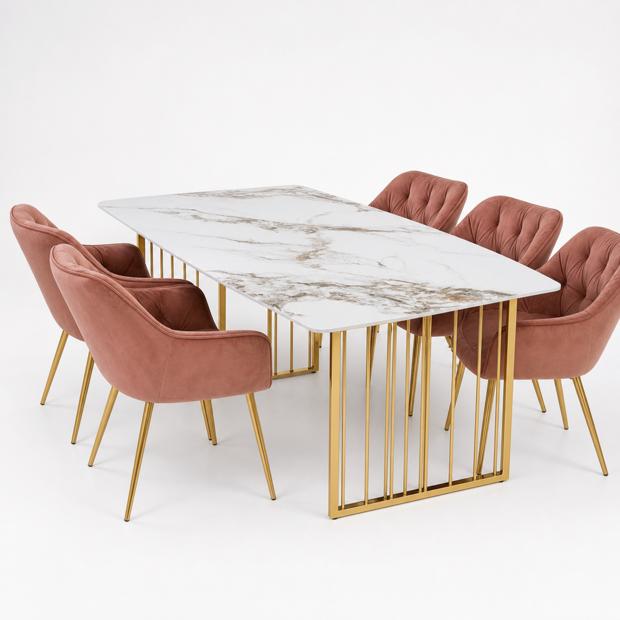 Willa - Dining Table Marble Top, complete set front three-quarter studio view