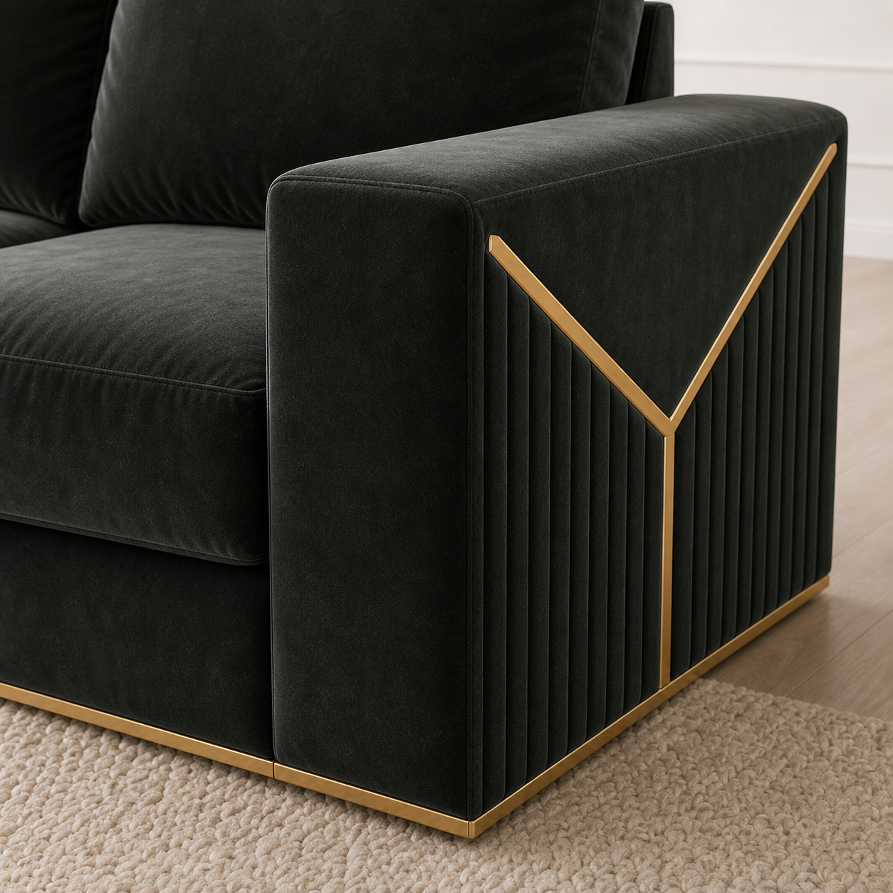 Detail view of Xylo - 3+2+1 Sofa Set upholstery, seams, base, and legs