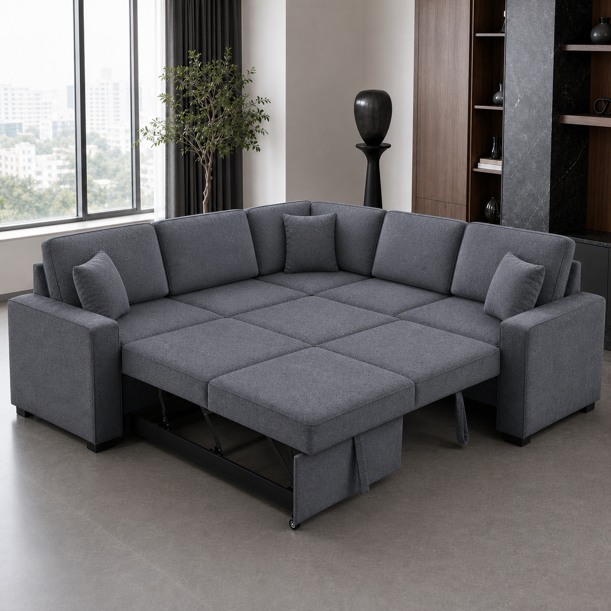 Yaren - Sofa bed, front view verifying the fully open footprint