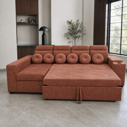 Yolin - Sofa bed, front view verifying the source-proven open footprint