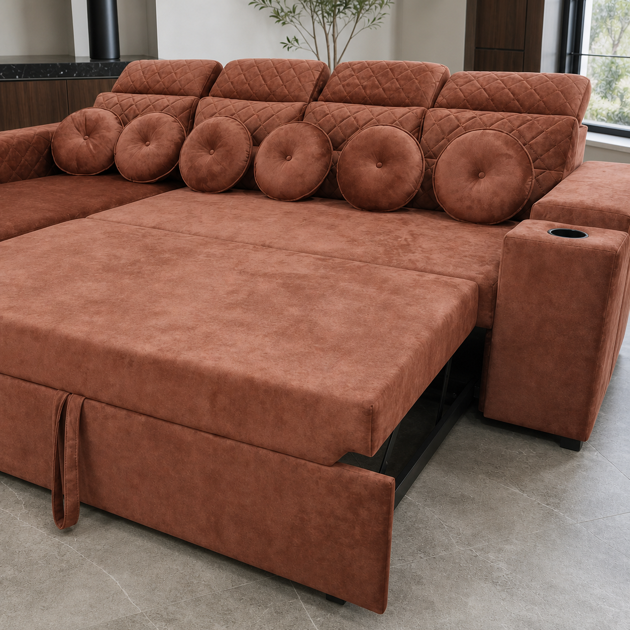 Yolin - Sofa bed, source-proven open-state construction detail