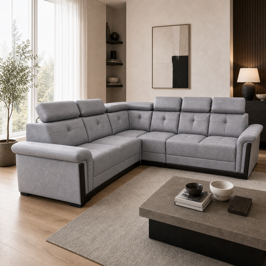 Zeal - L shape sectional sofa, three-quarter view showing sectional depth and construction