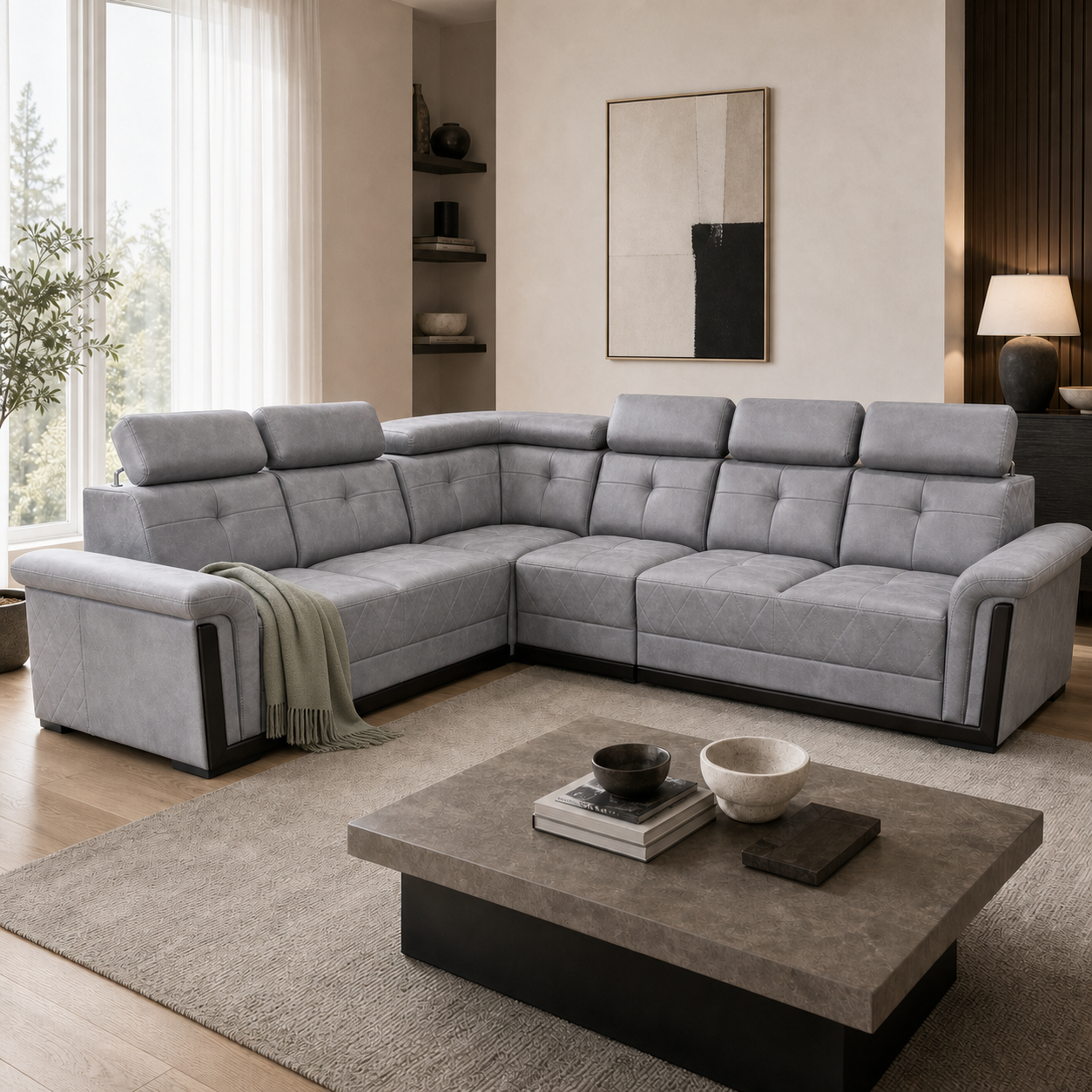 Zeal - L shape sectional sofa sectional sofa styled with a sage-green throw