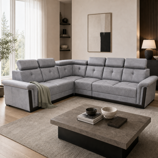 Zeal - L shape sectional sofa sectional sofa styled with a sage-green throw