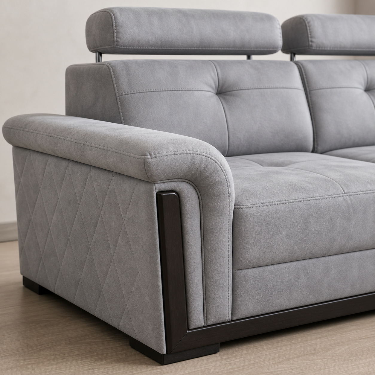 Close-up of the Zeal - L shape sectional sofa's upholstery and construction details