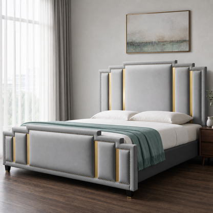 Zeke - Bed, complete front three-quarter bed view in a restrained bedroom