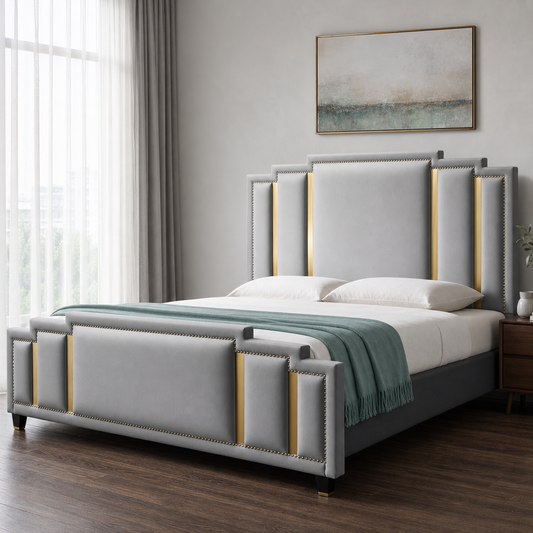 Zeke - Bed, complete front three-quarter bed view in a restrained bedroom