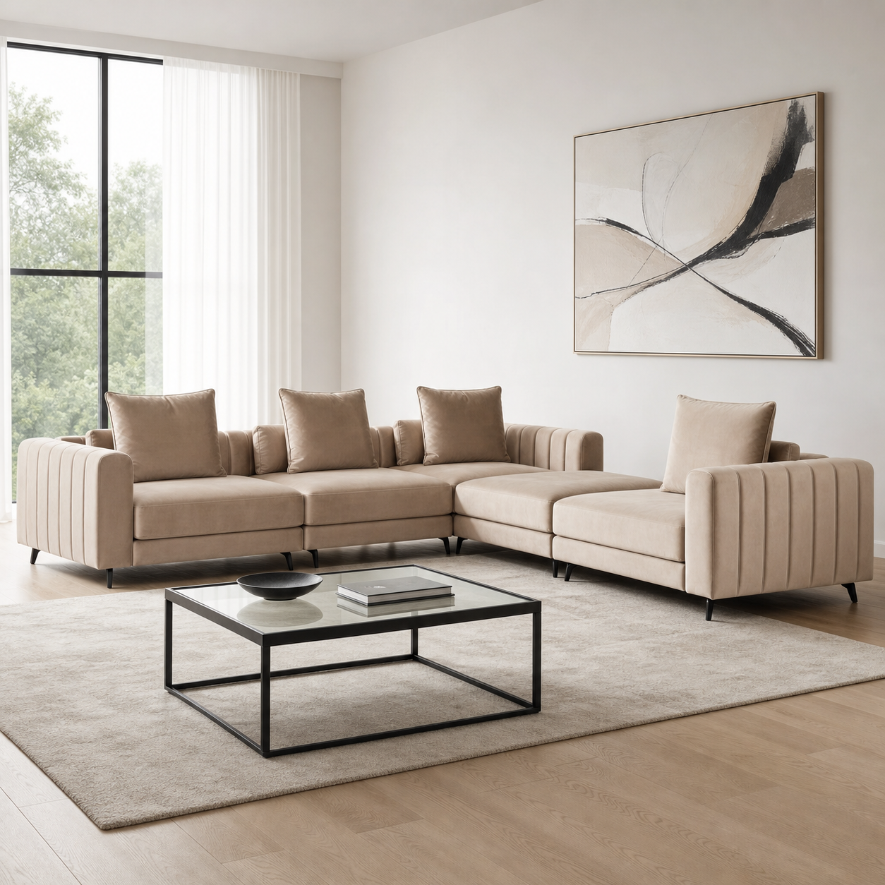 Zen - L shape sectional sofa in the exact upholstery color shown in the source reference, sectional sofa in a modern living room