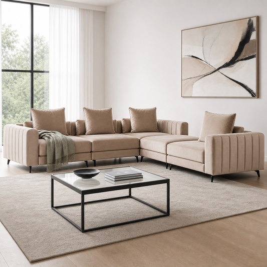 Zen - L shape sectional sofa sectional sofa styled with a sage-green throw
