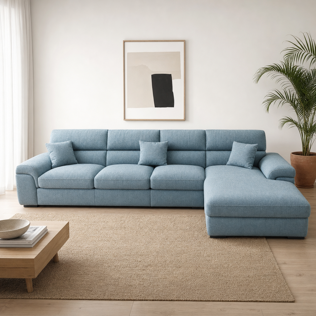 Zeno - L shape sectional sofa in dusty steel-blue linen, front view in a modern living room