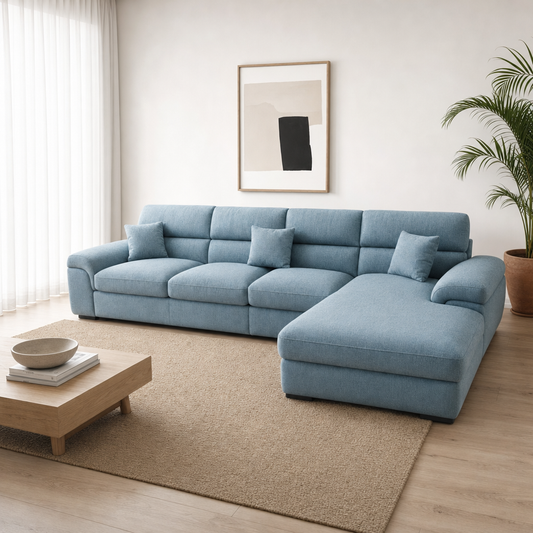 Zeno - L shape sectional sofa, three-quarter view showing the chaise and depth
