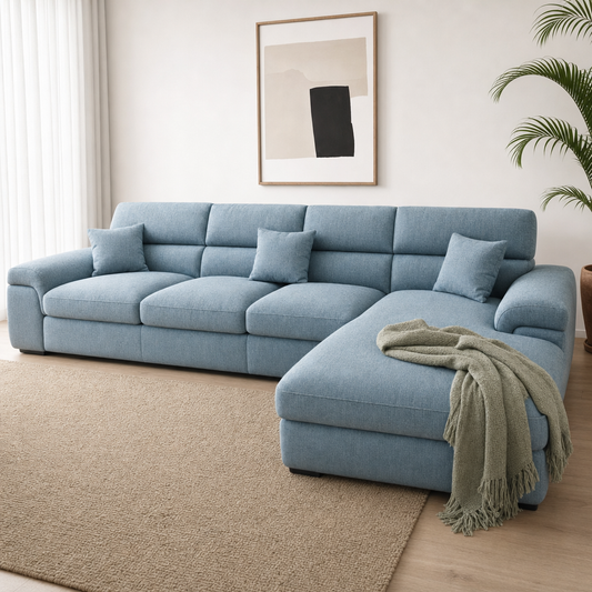 Zeno - L shape sectional sofa styled with a sage-green throw
