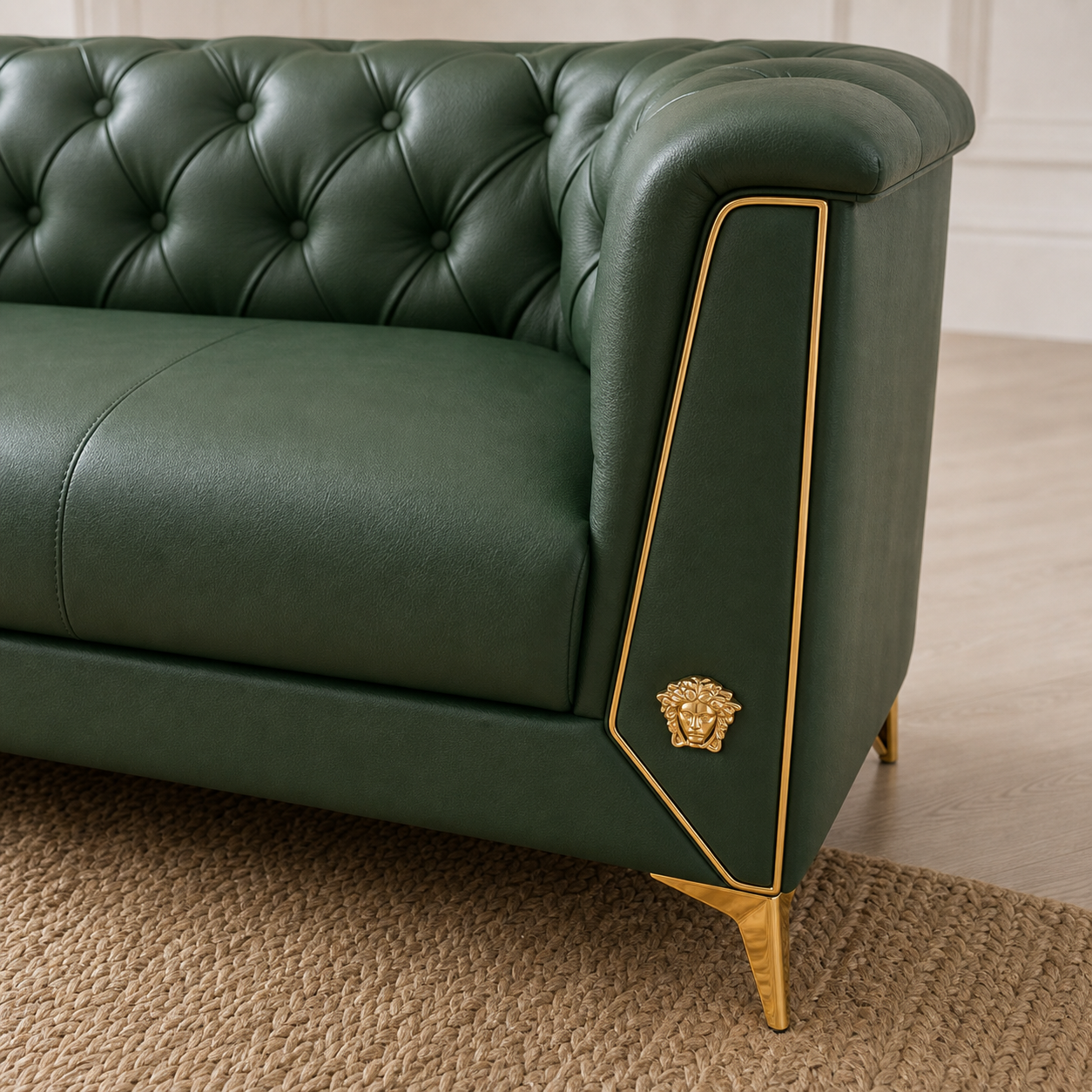 Detail view of Zinnia - 3+2+1 Sofa Set upholstery, seams, base, and legs
