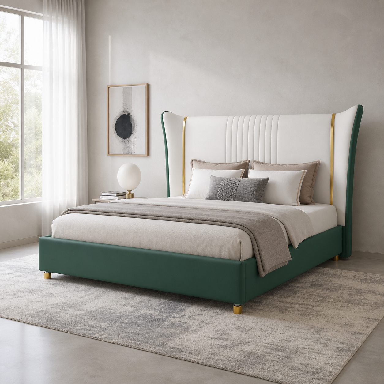 Zivy Bed, complete front three-quarter bed view in a restrained bedroom