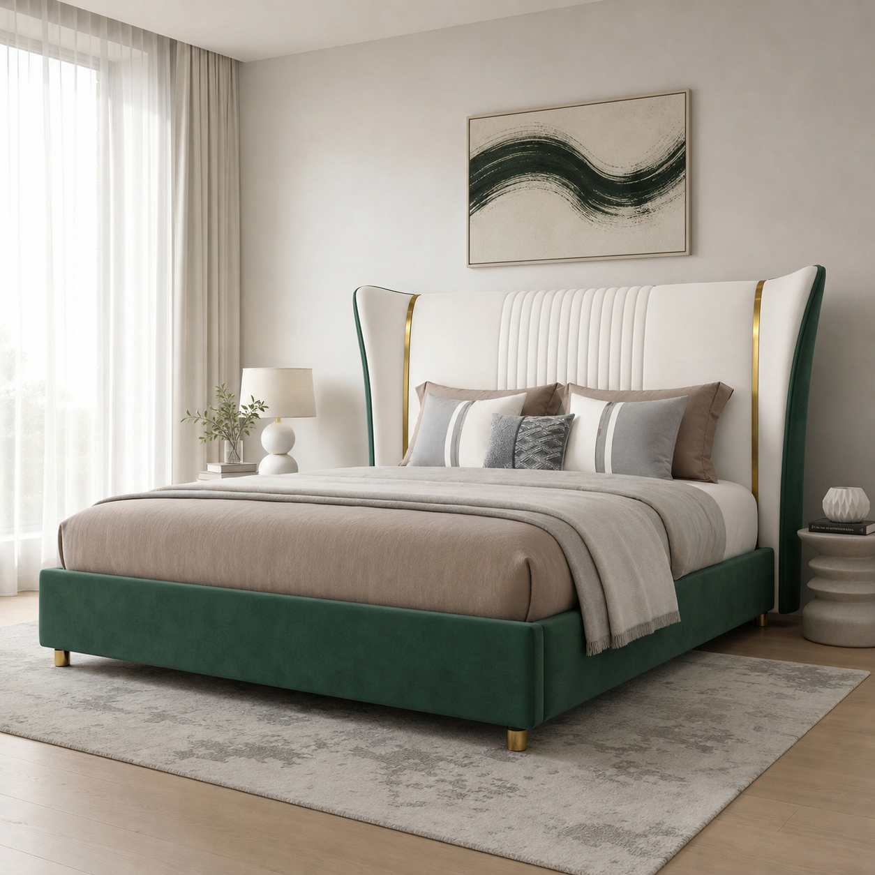 Zivy Bed, closer made-bed view showing the complete frame construction