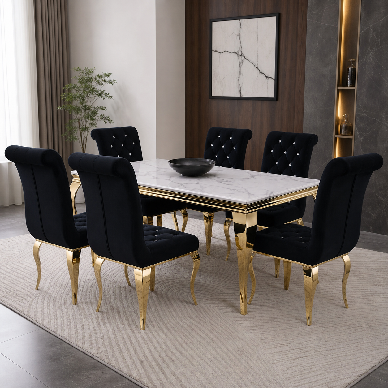 Oscar - Dining Table Marble Top, complete front three-quarter dining view in a contemporary room