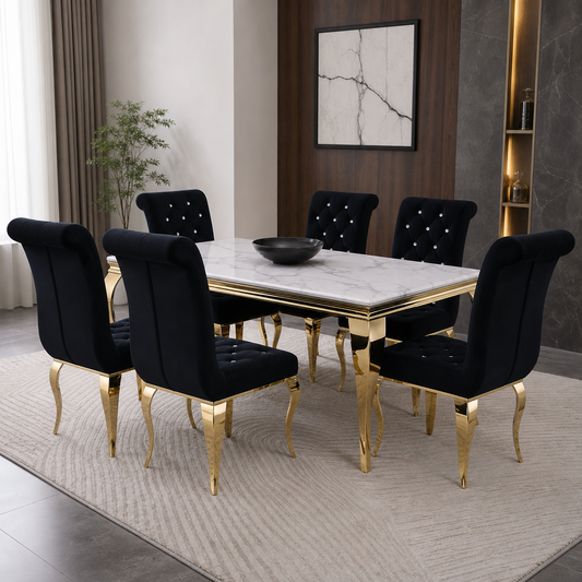 Oscar - Dining Table Marble Top, complete front three-quarter dining view in a contemporary room
