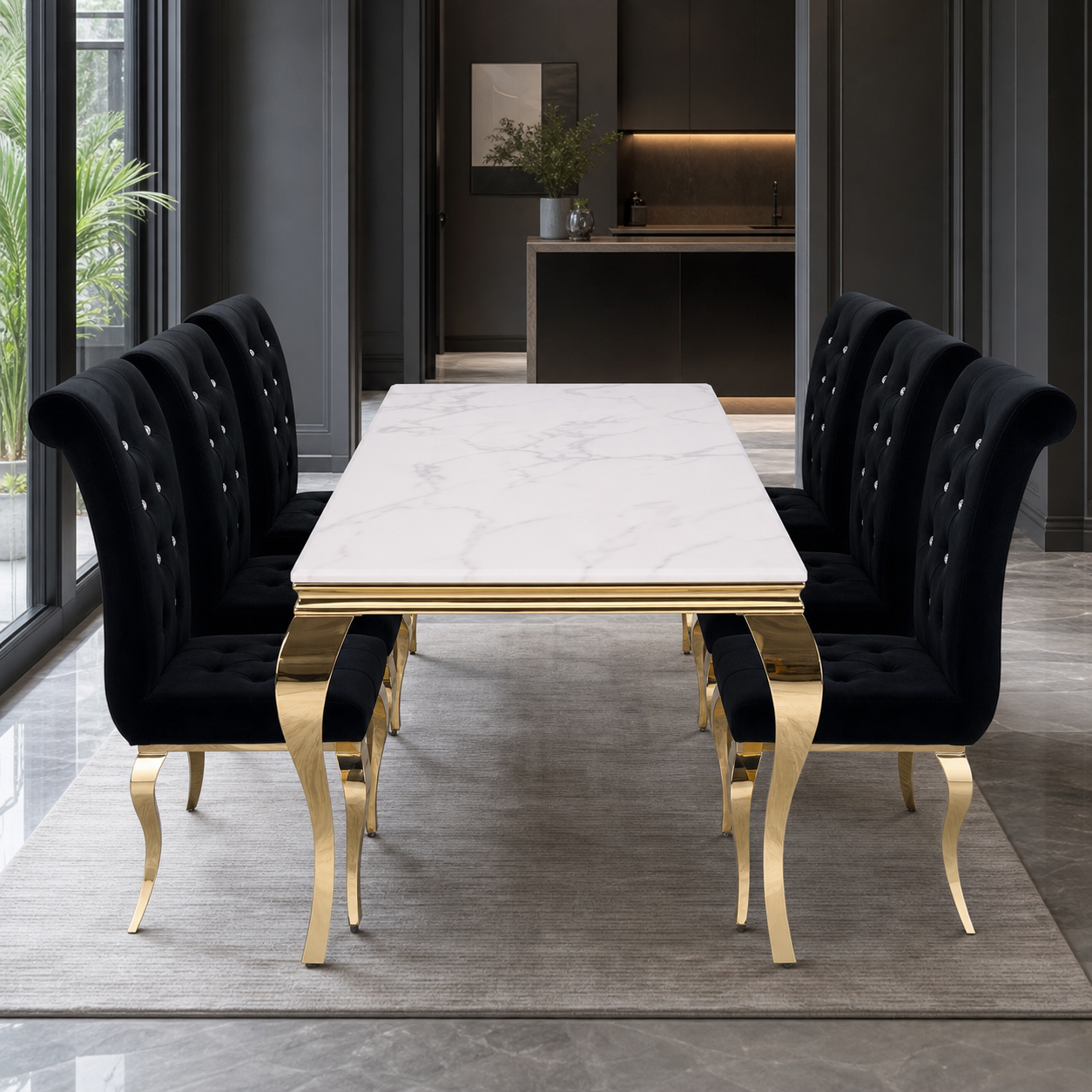 Oscar - Dining Table Marble Top, clearly different end-on dining-room view