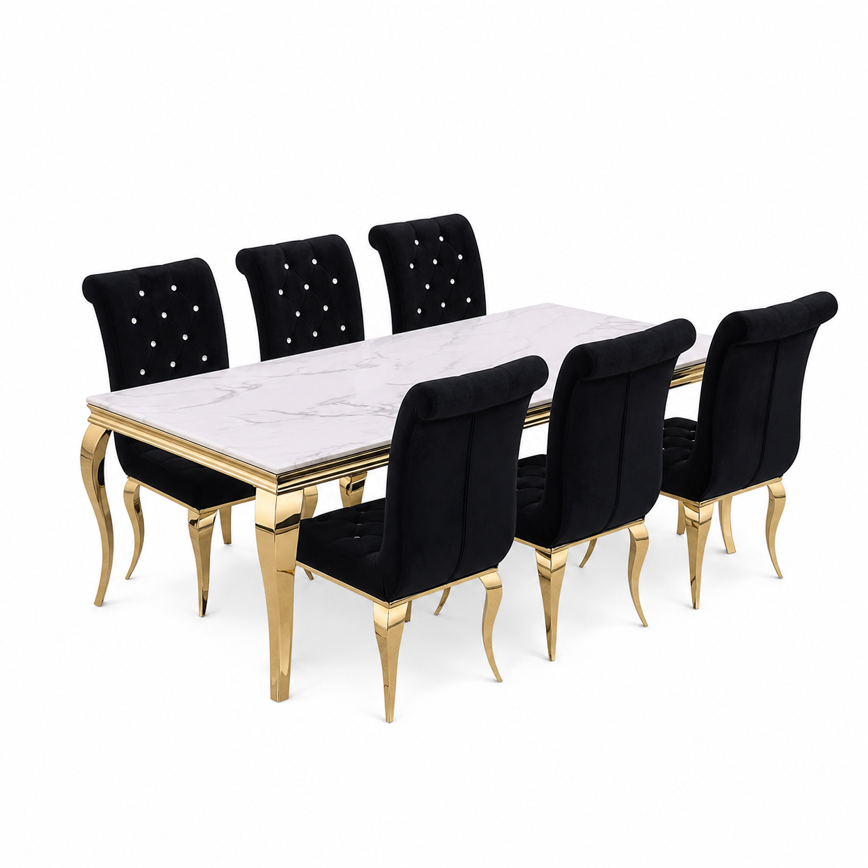 Oscar - Dining Table Marble Top, complete set front three-quarter studio view