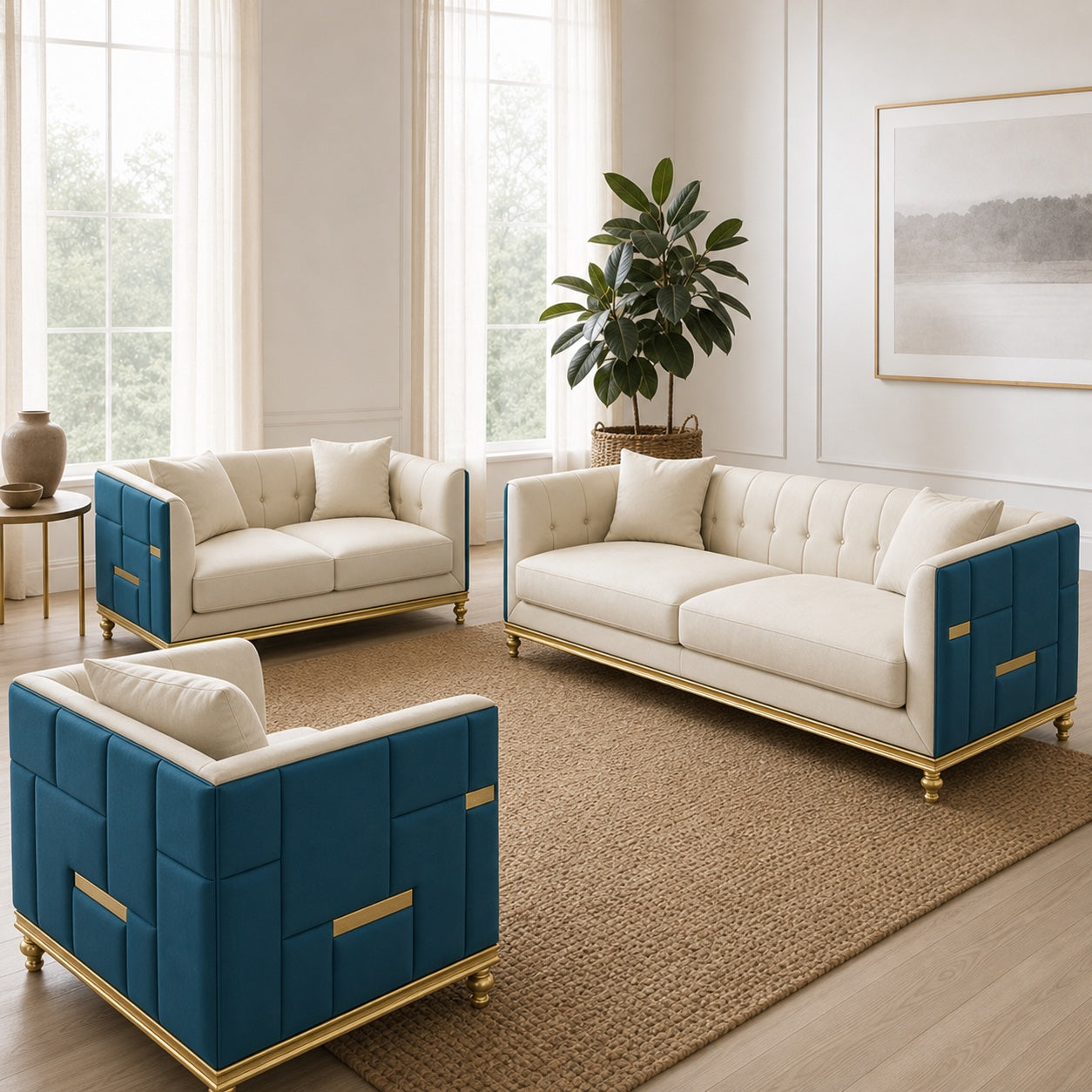 Furnishio Aster cream and blue three-piece sofa set