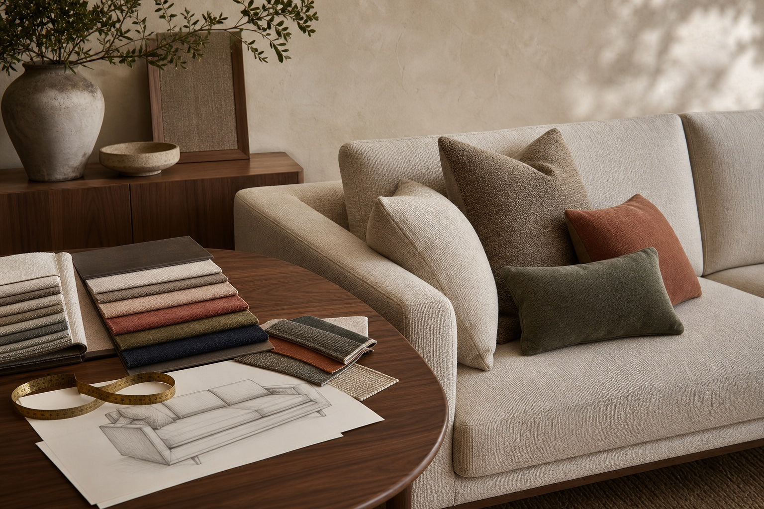 Furnishio custom sofa studio with fabric swatches and a furniture sketch