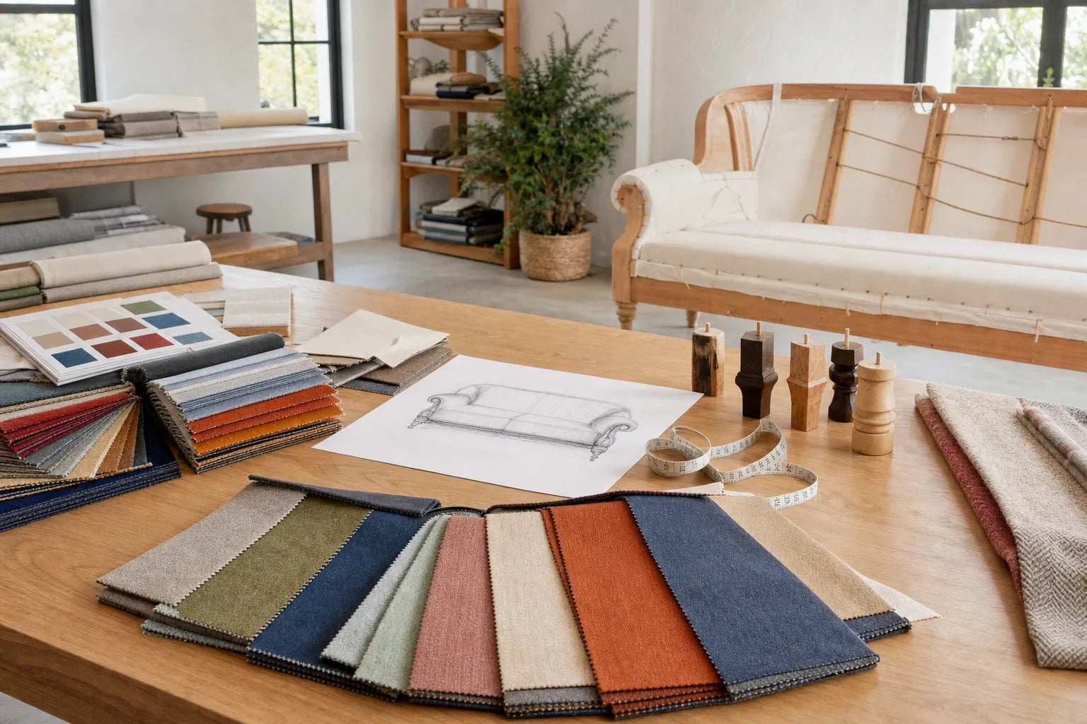 Fabric swatches, a sofa sketch and a measuring tape on the Furnishio studio table